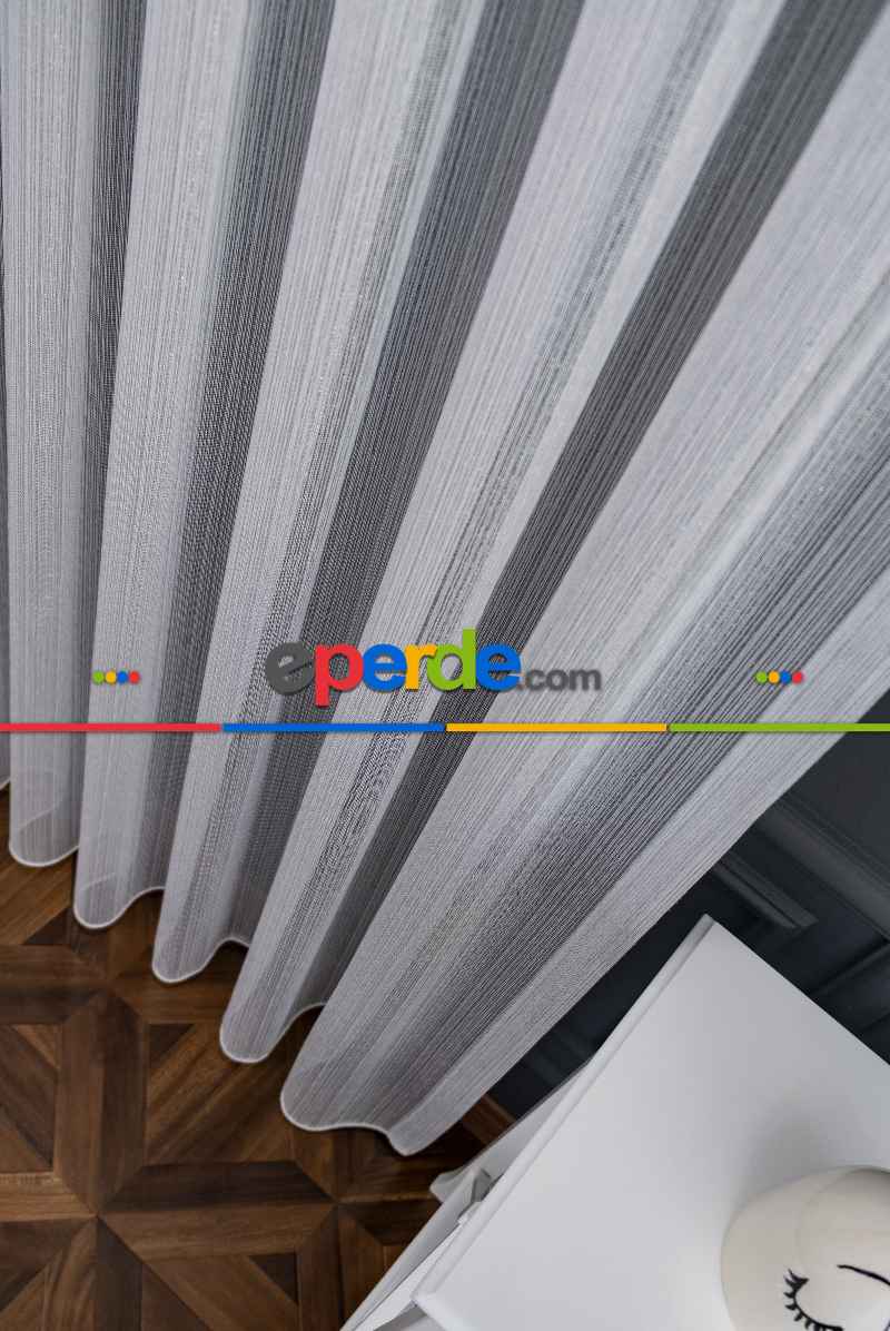 Çizgi Gümüş Simli Çelik Sim Çizgili Pırıltılı Işıltılı Tül Tasarım Perde