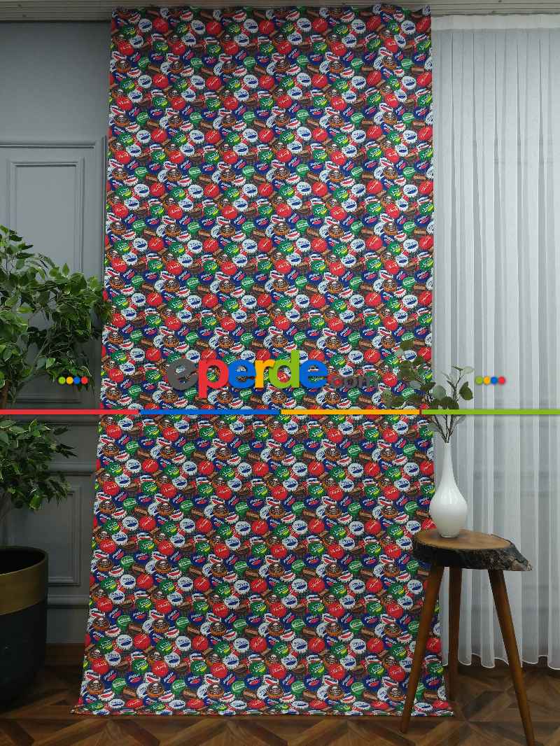 Pop-art Desenli Fon Perde Evm435 -p - Kumaşı Kalındır Duck Bezi Değildir.- Mavi-Kahve-Çok Renkli