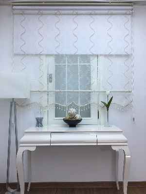 Desenli Çiftli Sistem Tül Stor Perde- Krem-gümüş Simli