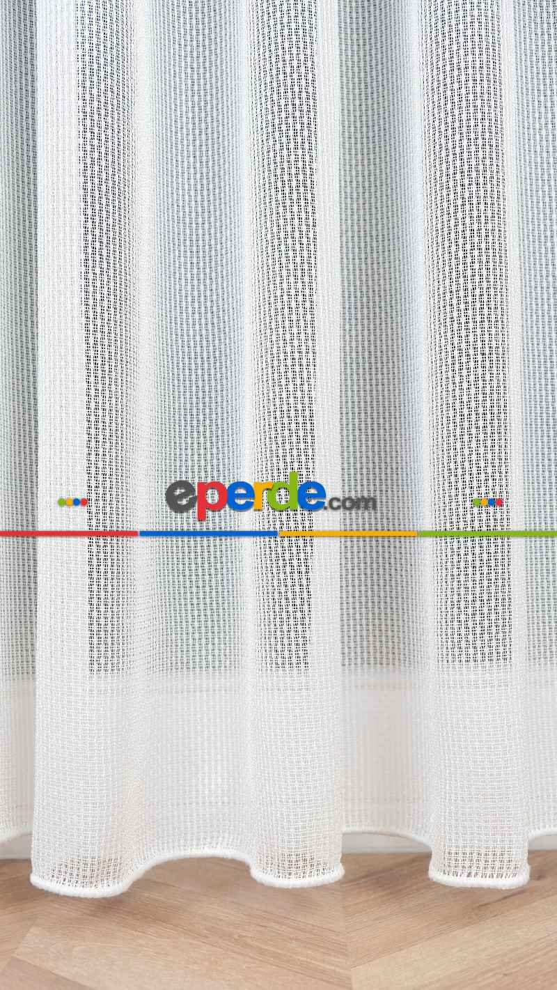 Ekru Çizgili Tül Perde, Ağır Gramajlı Premium Seri, Eteği Kurşunlu