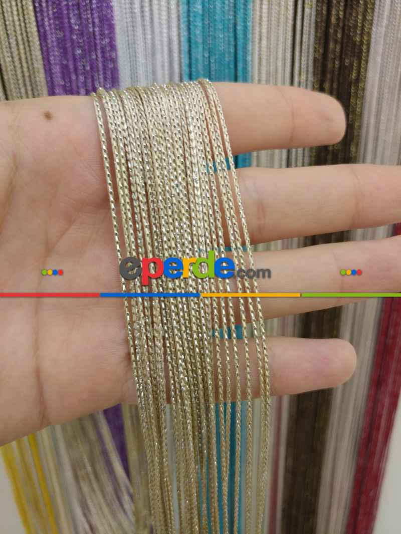 Mutfak İp Perde - Bej Gümüş Rengi İp Perde İnce Zincir Simli Serisi- Bej-gümüş