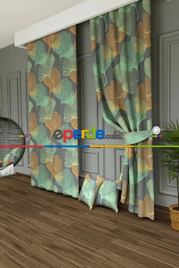 Yatak Odası - Dökümlü Kumaştan Tropikal Çizgili Yaprak Desenli Baskılı Fon Perde- Yeşil-Gri-Füme-Antrasit-Turuncu