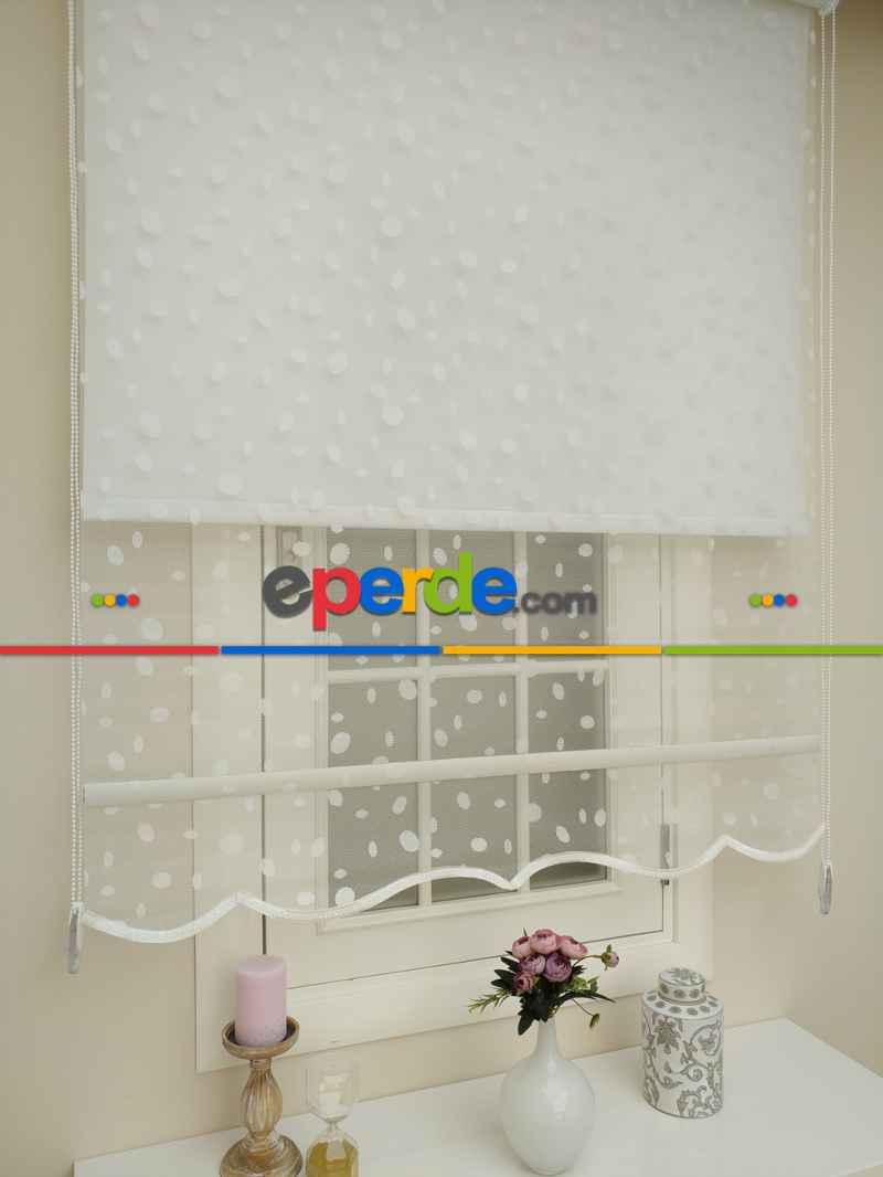 Jakar Örme Tül- Ekru Çiftli Sistem Dantel Desenli Perde- Ekru