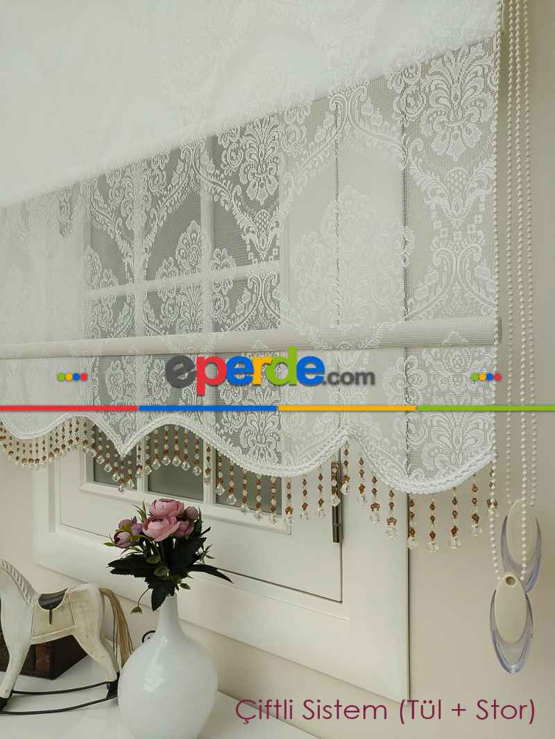 Brillant Çiftli Sistem Tül Ve Stor Perde - Büyük Damask Ekru Renk - Mekanik Perde