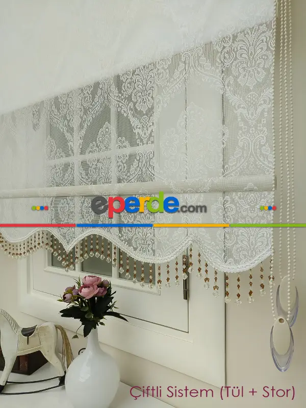 Brillant Çiftli Sistem Tül Ve Stor Perde - Büyük Damask Ekru Renk - Mekanik Perde