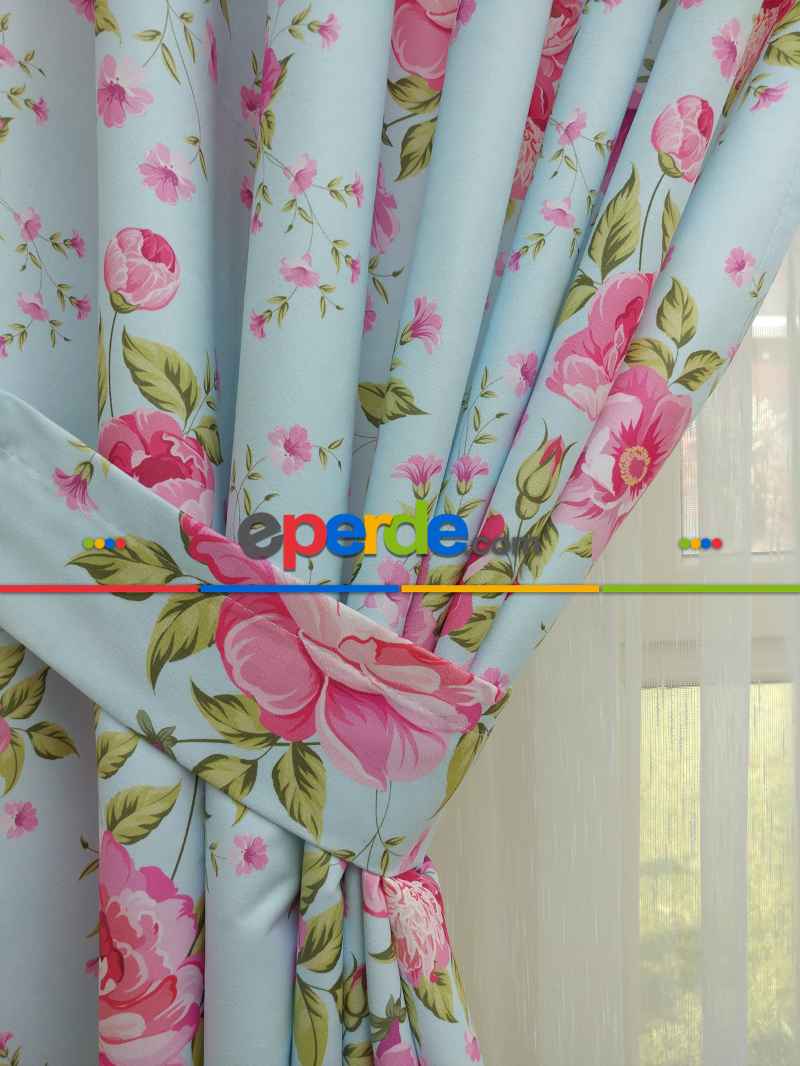 Yatak Odası - Çiçek Desenli Kaliteli Fon Perde Modelleri- Turkuaz-Pembe-Açık Yeşil