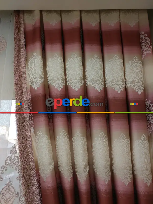 Renk Geçişli Jakar Desenli Salon Fon Perdesi - Pembe - Kiremit - Bej ( Kendinden Saçaklı)- Bej-pembe-kiremit Rengi