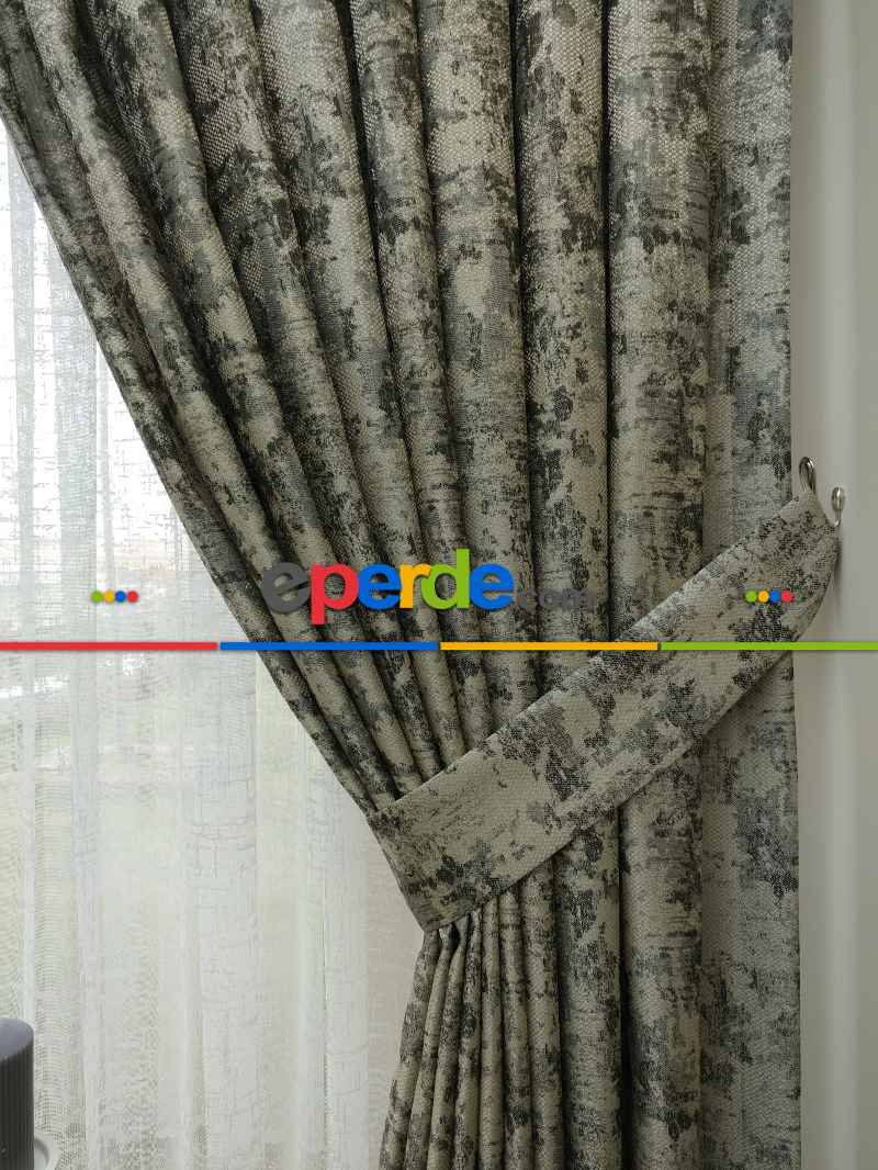 Salon Fon Perde - Siyah Gri Desenli Jakar Fon Perde (180)- Kahve Venge