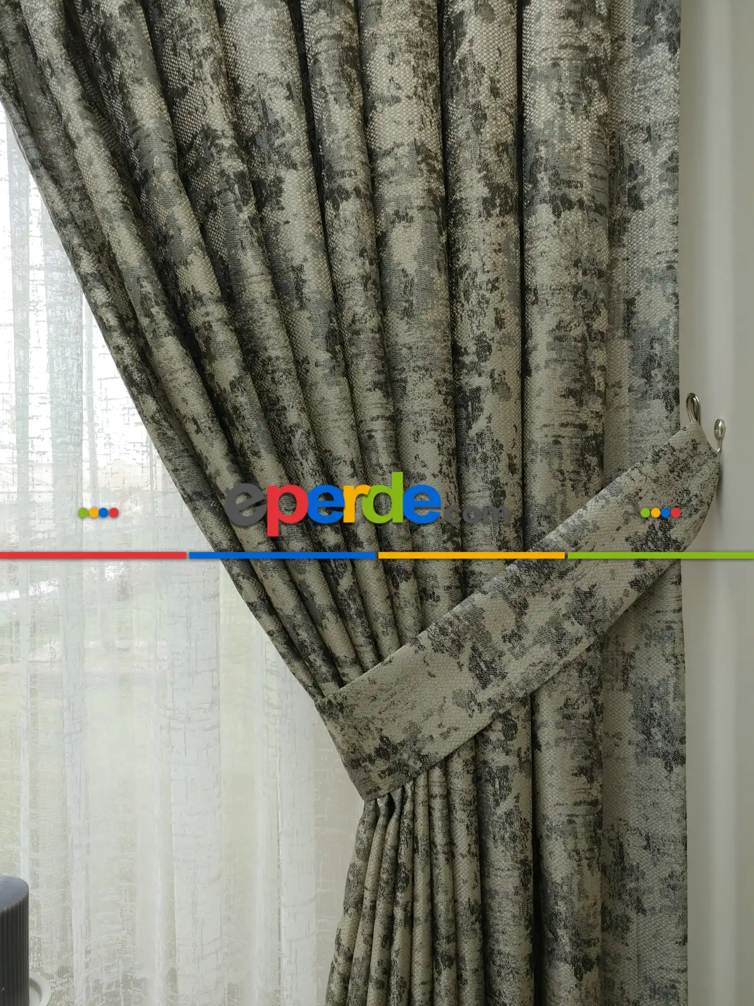 Patine Desenli Gri Desenli Jakar Fon Perde (180)- Gri