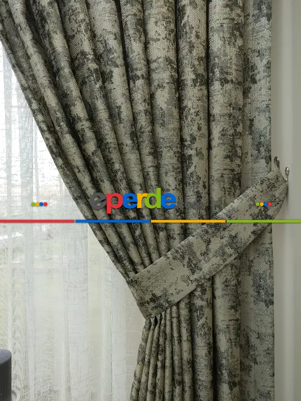 Patine Desenli Gri Desenli Jakar Fon Perde (180)- Gri