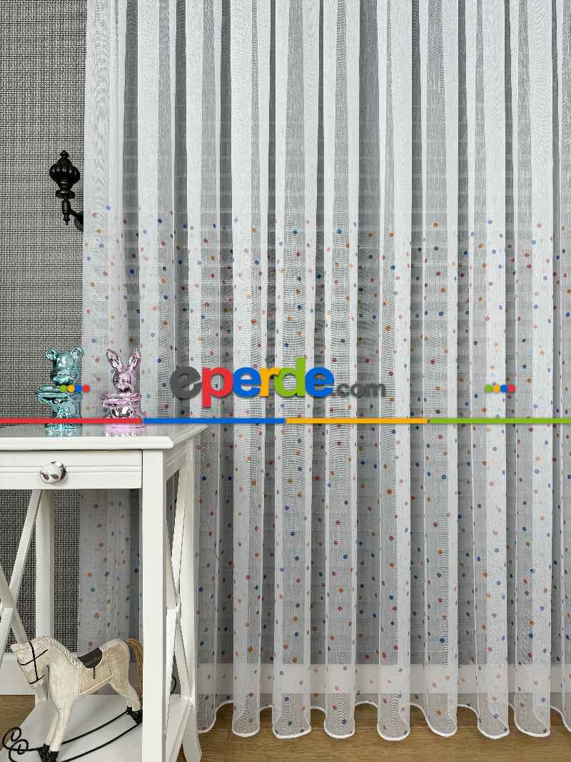 Bebek Odası Tül Perde - Çok Renkli Puantiye Nokta Desen Baskılı Tül Perde, Çocuk-bebek Odası, Premium Seri