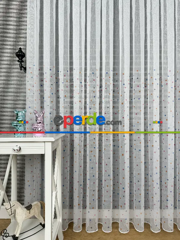 Bebek Odası Tül Perde - Çok Renkli Puantiye Nokta Desen Baskılı Tül Perde, Çocuk-bebek Odası, Premium Seri