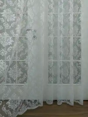 Krem Damask Desenli Fransız Danteli Tül Perde (geniş En 280cm)- Krem