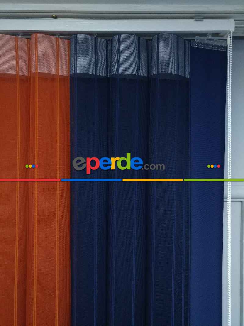 Lens Akıllı Dikey Tül Perde 114- Lacivert-beyaz-kiremit Rengi