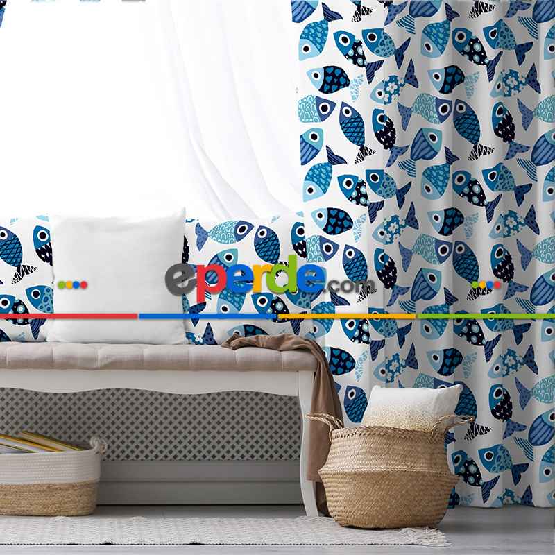 Balık Desenli Fon Perde Evim493 Kumaşı Kalındır Duck Bezi Değildir- Mavi-beyaz