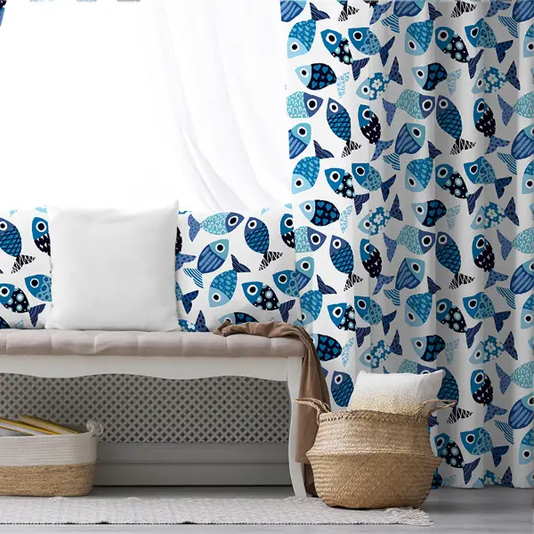 Çocuk Odası - Balık Desenli Fon Perde Evim493 Kumaşı Kalındır Duck Bezi Değildir- Mavi-beyaz