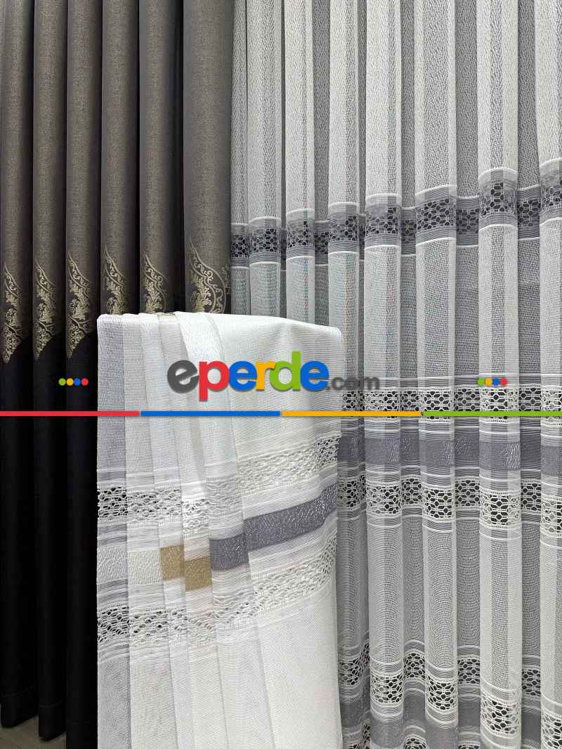 Salon - Aplik Örme Tül Perde Tek Kanat - Ekru / Gri