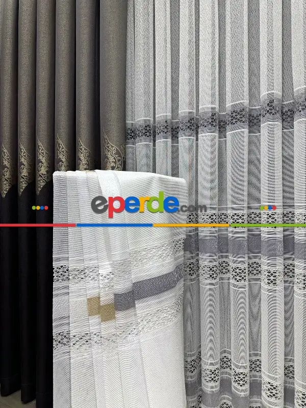 Örme Tül Perde - Etek Ucu Desenli ve Bantlı Tül - Ekru/Gri/Altın/Gold/Beyaz