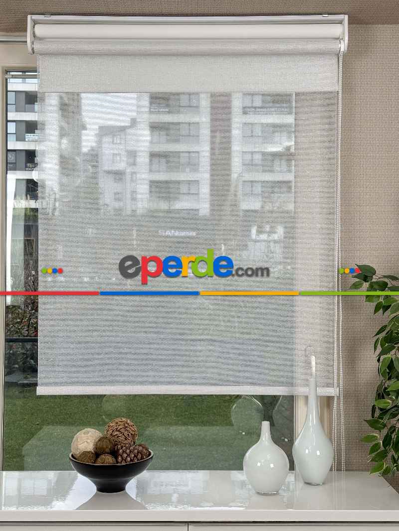 Ekru Gümüş Simli Çiftli Sistem Tül Stor Perde, Standart Metal Kasalı Yüksek Kalite Kornişe Kolay Montaj Seçenekli