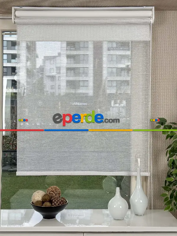 Ekru Gümüş Simli Çiftli Sistem Tül Stor Perde, Standart Metal Kasalı Yüksek Kalite Kornişe Kolay Montaj Seçenekli