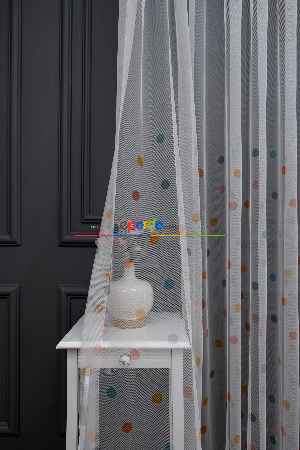 Hazır Ölçülü Petek Zemin Turuncu Ve Mavi Renkli Puantiye Desenli Grek Baskılı Tül Perde