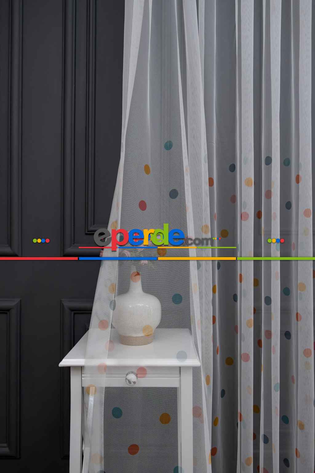 Hazır Ölçülü Petek Zemin Turuncu Ve Mavi Renkli Puantiye Desenli Grek Baskılı Tül Perde