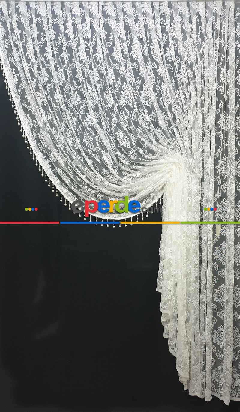 Kuvaze Modeleri Damask Osmanlı Motif Yanki Tiyatro Tasarım Boncuklu- Beyaz-ekru