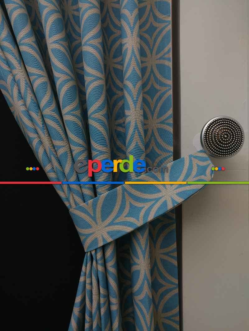 Dairesel Desenli Yatak Odası Fon Perde- Turkuaz