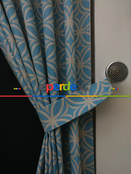 Dairesel Desenli Yatak Odası Fon Perde- Turkuaz