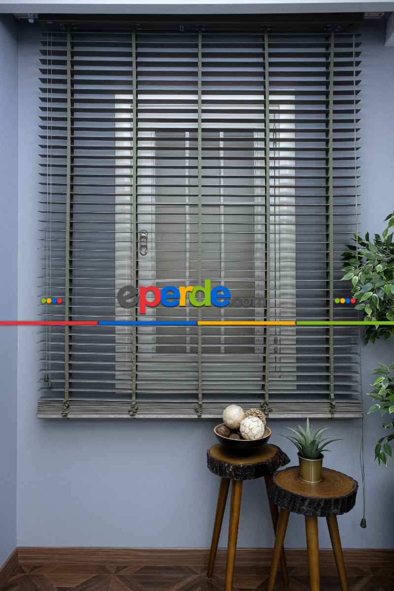 Mutfak 50 Mm Ahşap Jaluzi Perde - Kurdelalı- Haki