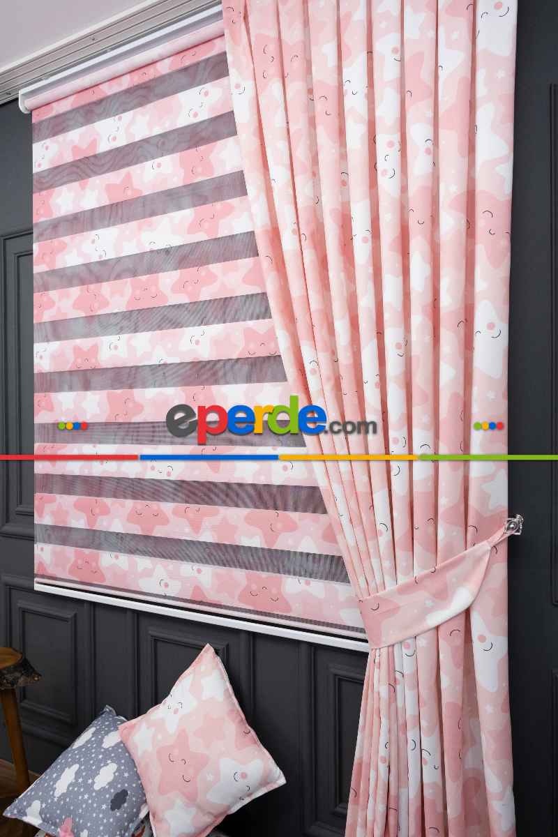 Trend Bebek - Çocuk - Genç Odası Fon Perde Modelleri 2025 (sınırsız En Ölçüsü )- Pembe Açık-pembe Koyu-ekru