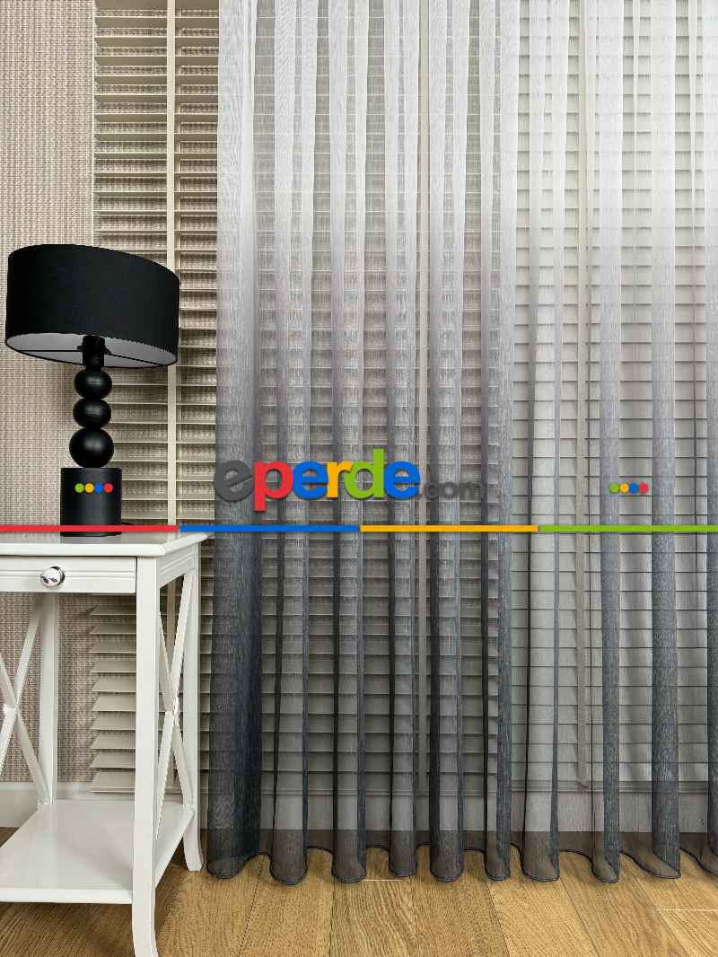 Ekru Antrasit Gri Degrade Geçişli Bambu Tül Perde, Premium Seri, Kurşunlu Tül