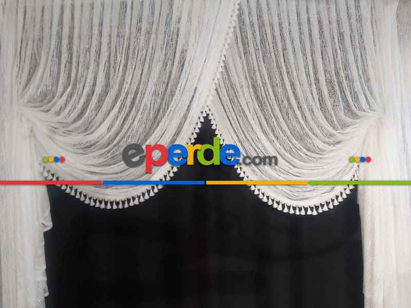 Saçaklı Püsküllü Camkırığı Desenyanki Kruvaze Tiyatro Model- Beyaz-ekru