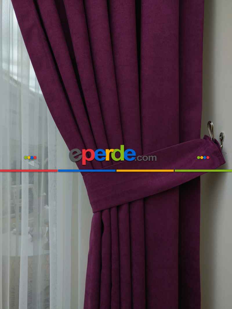 Mor Düz Sade Mutfak Fon Perde Yan Kanat Perdesi- Mor