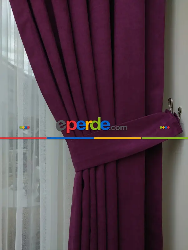 Salon Fon - Mor Düz Fon Perde  - Boru Pile- Mor