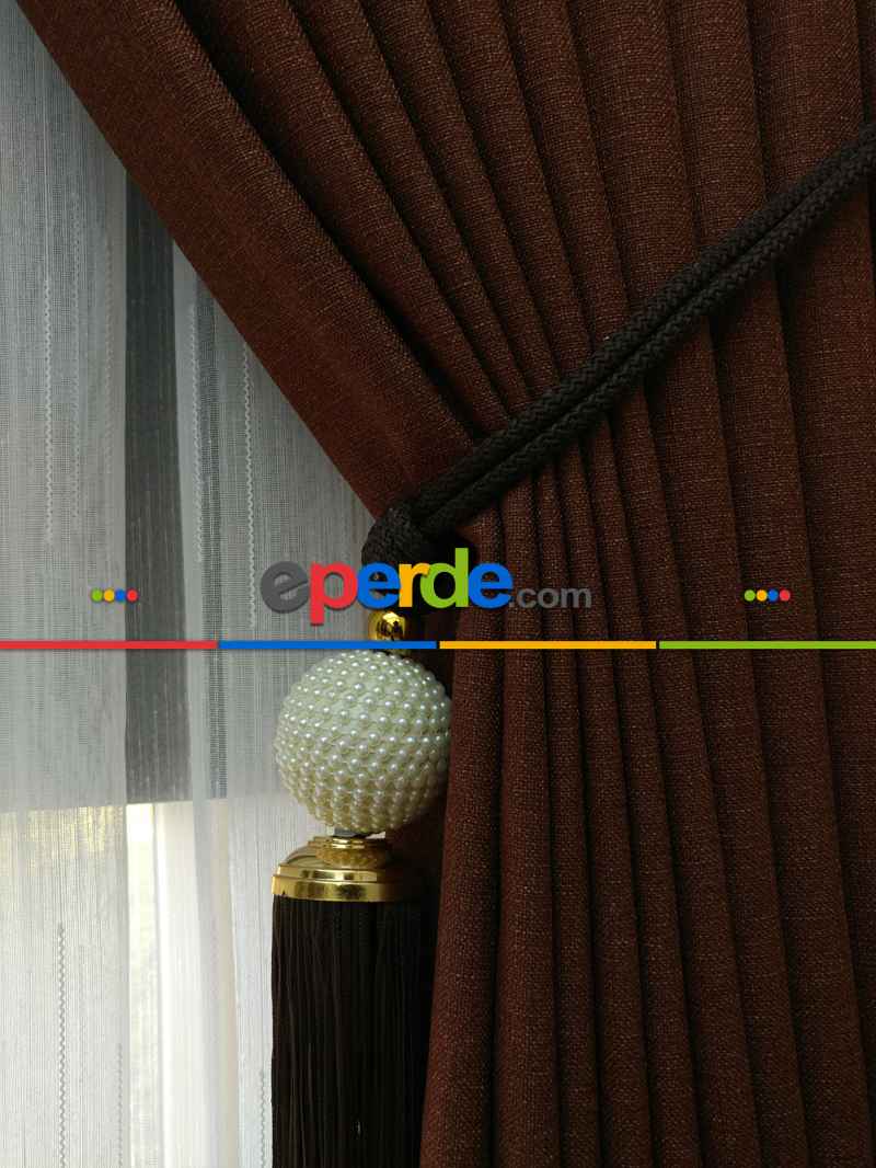 Keten Kahve Renk Düz Fon Perde- Kahve