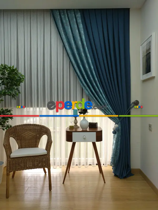 Mavi Lacivert Renk Kombinli Desenli Fon Perde- Lacivert-mavi