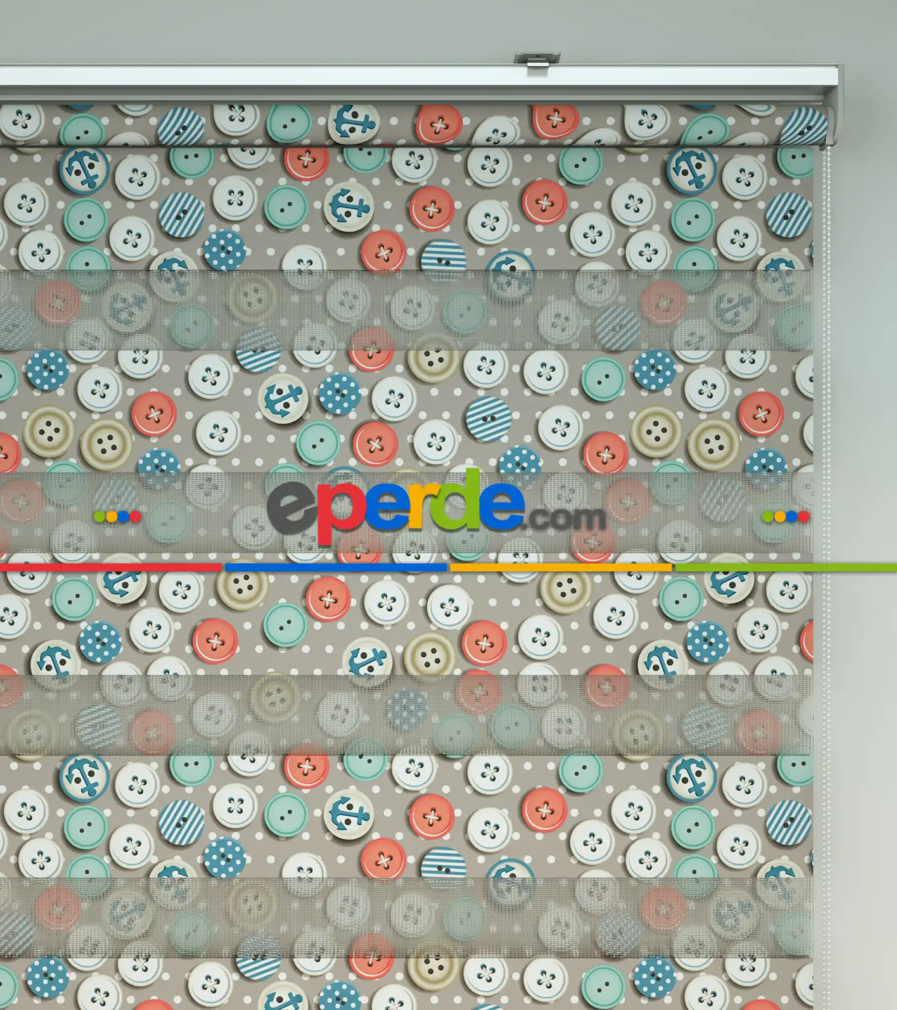 Renkli Düğmeler Baskılı Zebra Perde- Mavi-beyaz-turuncu-su Yeşili