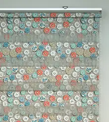 Renkli Düğmeler Baskılı Zebra Perde- Mavi-beyaz-turuncu-su Yeşili