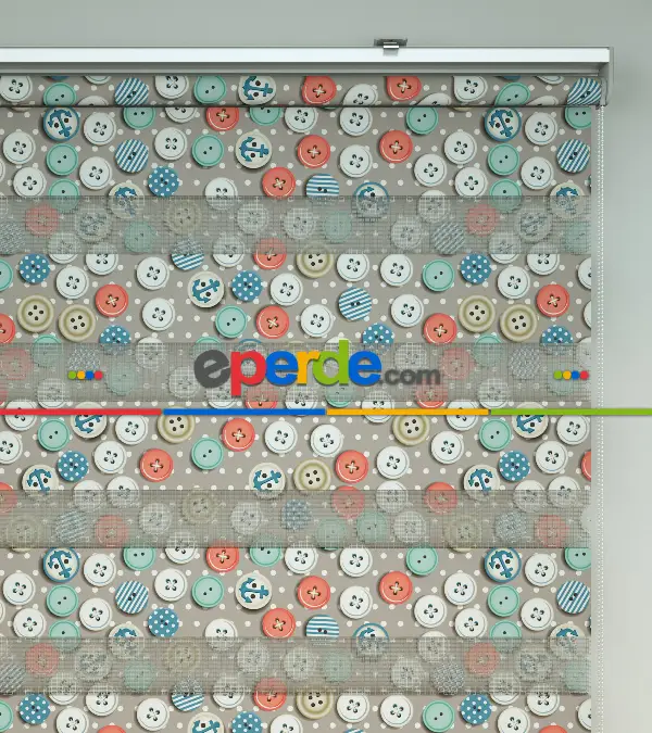 Renkli Düğmeler Baskılı Zebra Perde- Mavi-beyaz-turuncu-su Yeşili