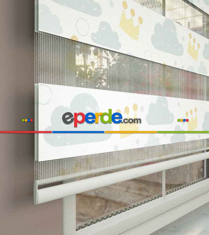 Bulut Desenli Baskılı Zebra Perde- Çok Renkli