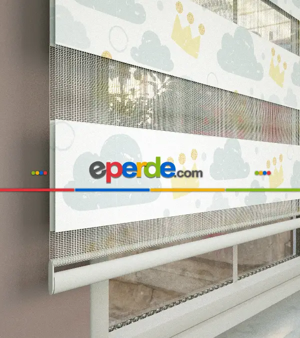 Bulut Desenli Baskılı Zebra Perde- Çok Renkli