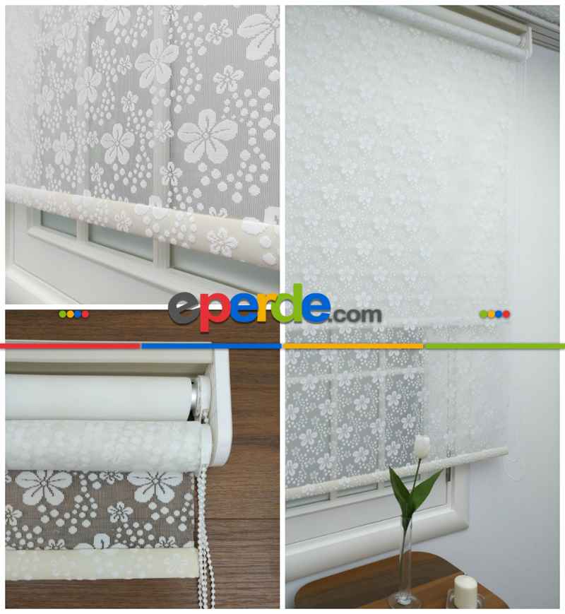 Yatak Odası - Jakar Örme Tül-feray 801 Ekru Çiftli Sistem Dantel Desenli Perde- Ekru