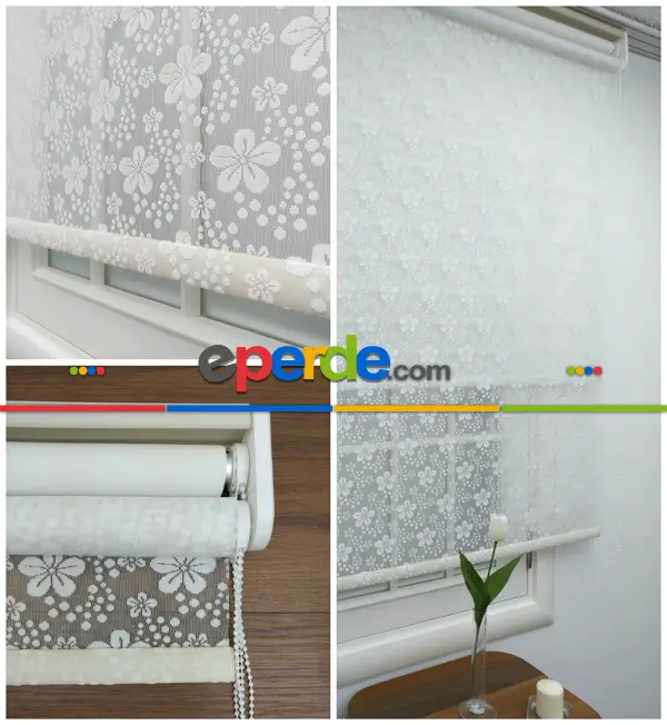 Jakar Örme Tül-feray 801 Ekru Çiftli Sistem Dantel Desenli Perde- Ekru