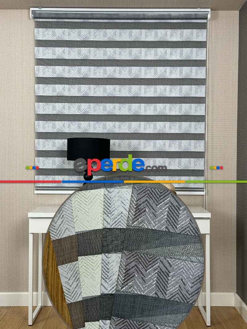 Salon Parlak Gri Geometrik Jakar Dokuma Zebra Perde, Standart Metal Kasalı Yüksek Kalite Kornişe Kolay Montaj Seçenekli