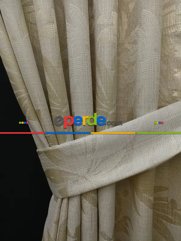 Krem Yaprak Desenli Jakar Fon Perde- Krem