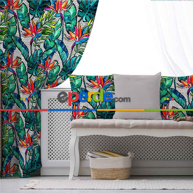 Tropik Desenli Fon Perde Evim588 Kumaşı Kalındır Duck Bezi Değildir- Mavi-beyaz