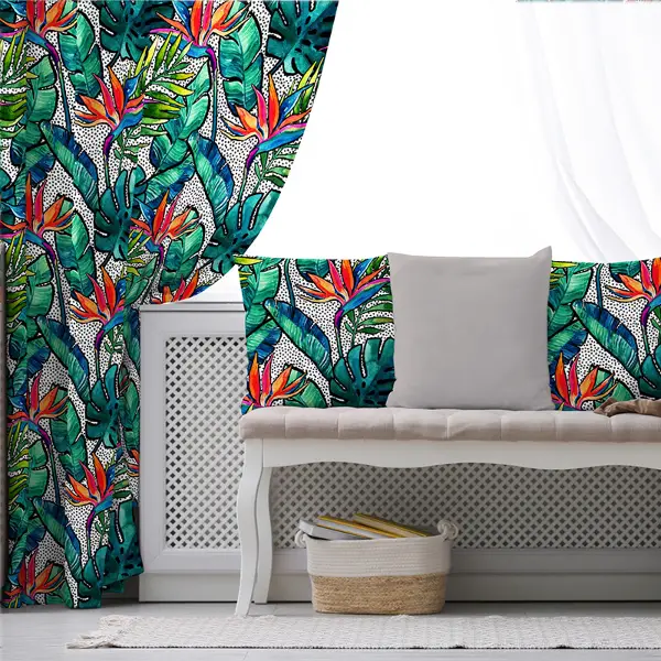 Tropik Desenli Fon Perde Evim588 Kumaşı Kalındır Duck Bezi Değildir- Mavi-beyaz