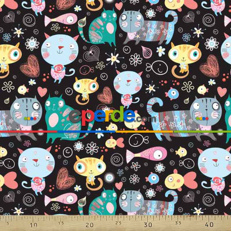 Kedi Resimli Fon Perde K456 H - Kumaşı Kalındır Duck Bezi Değildir.- Siyah-Yeşil-Mavi-Sarı-Turkuaz-Çok Renkli