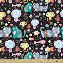 Kedi Resimli Fon Perde K456 H - Kumaşı Kalındır Duck Bezi Değildir.- Siyah-Yeşil-Mavi-Sarı-Turkuaz-Çok Renkli